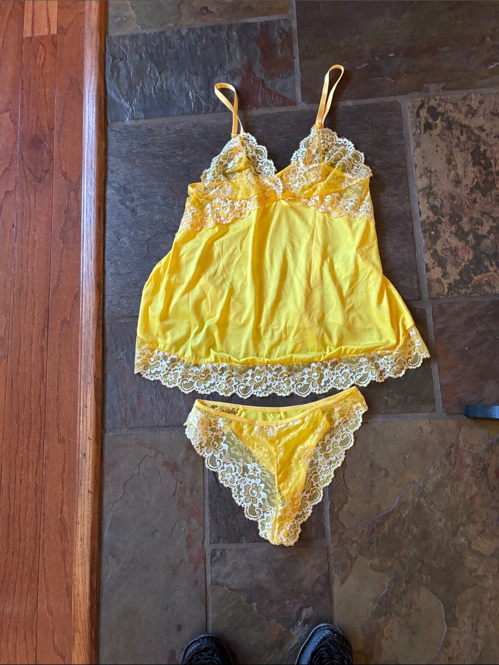 Yellow Lace Trim Satin Camisole & Brief Set